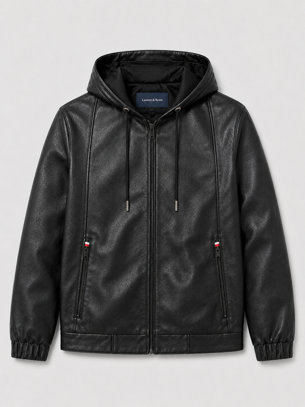 Black men’s hooded leather jacket with a zip-up front displayed on a plain background