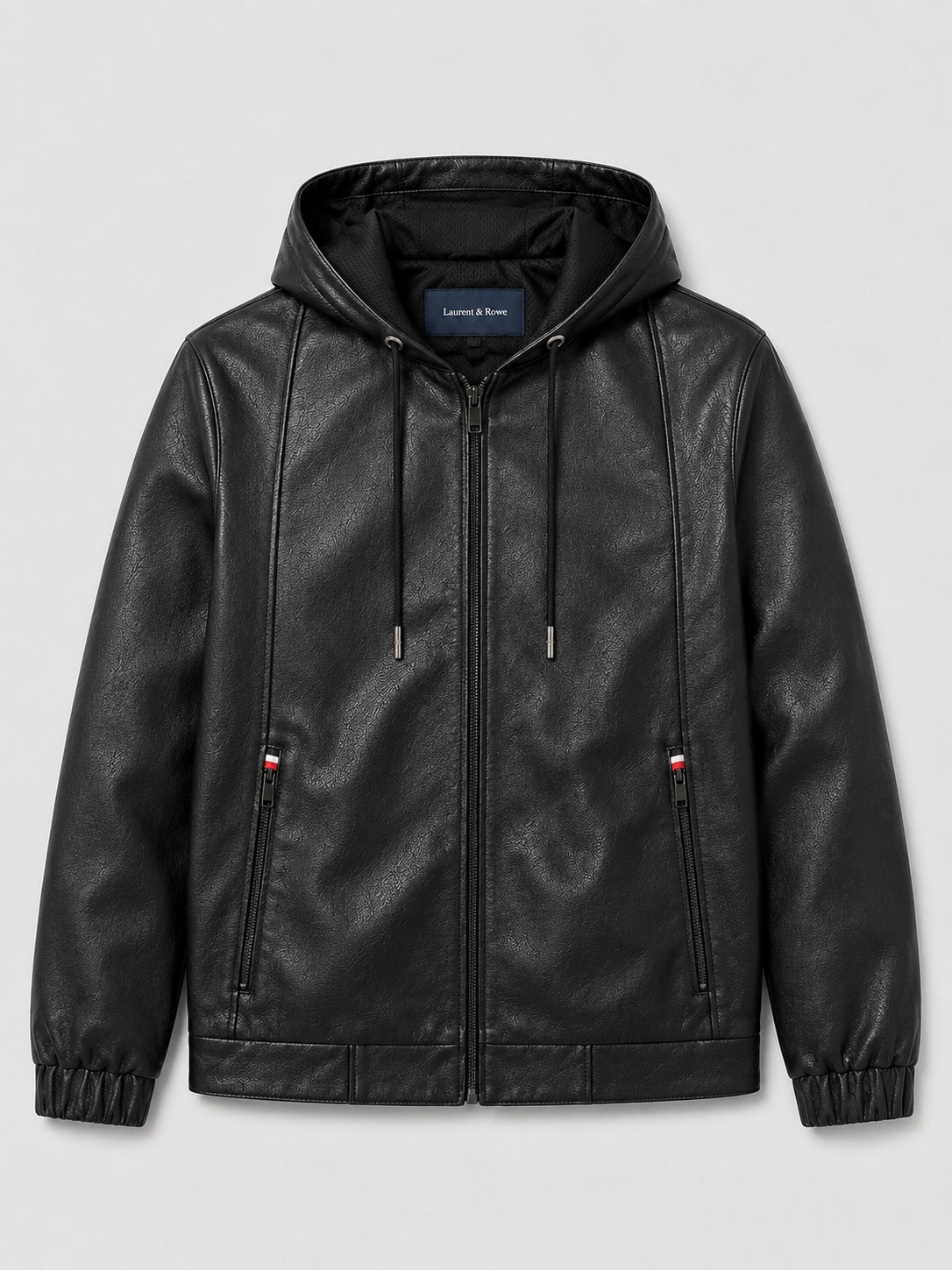 Black men’s hooded leather jacket with a zip-up front displayed on a plain background