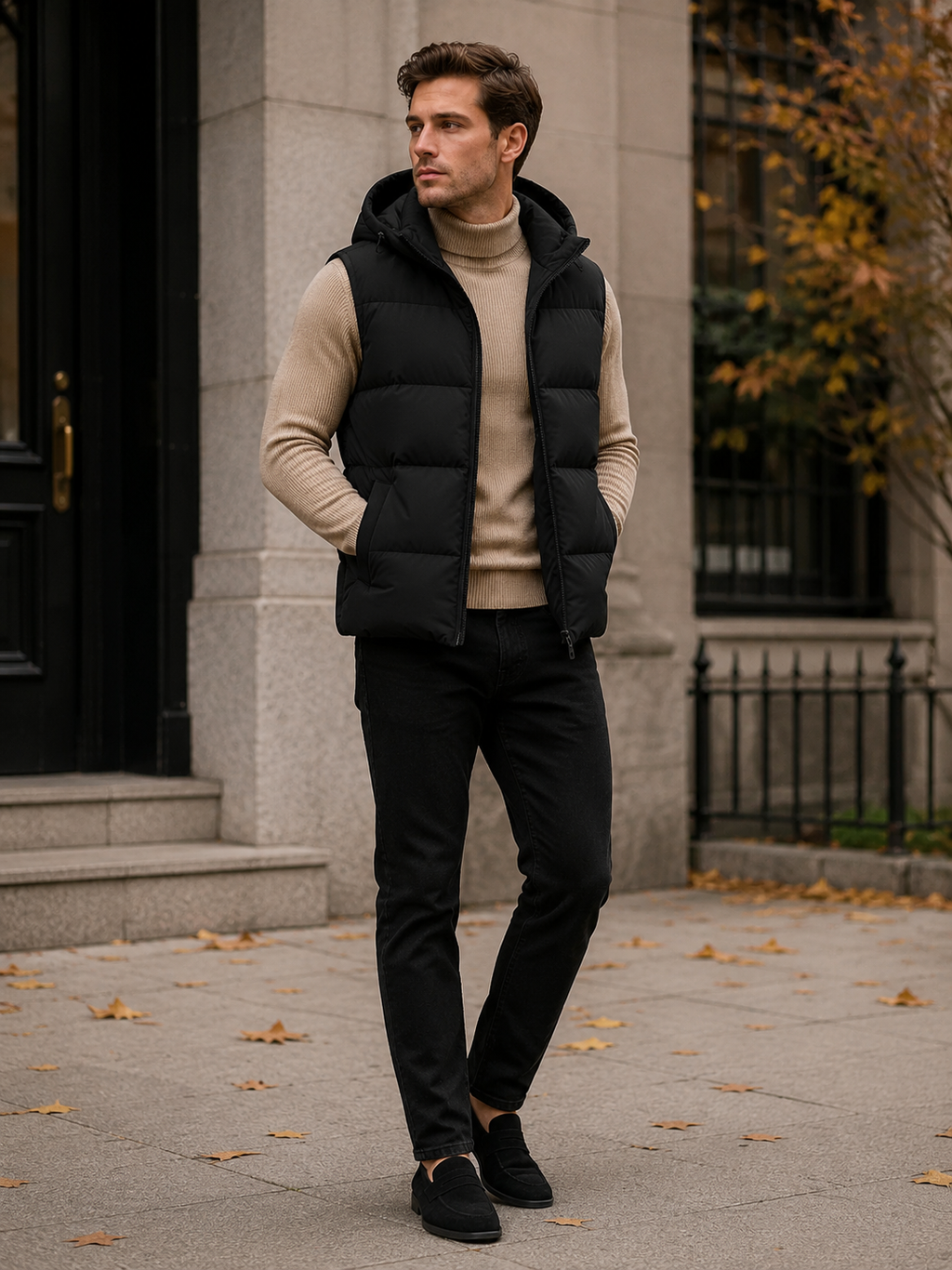 Man wearing a black hooded puffer vest in a casual fall winter outfit for outdoor and everyday wear