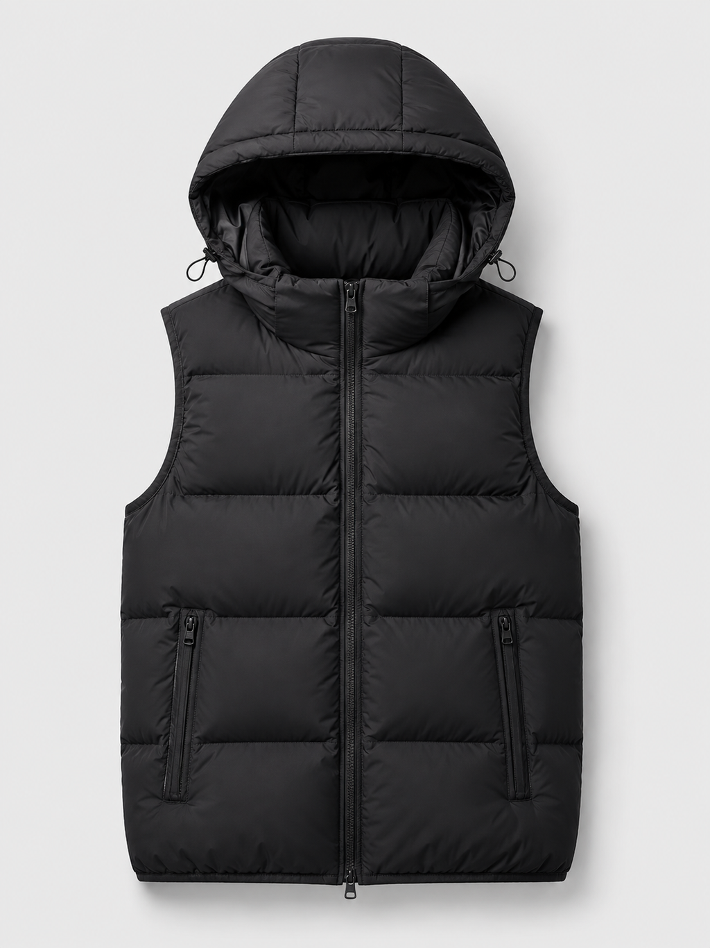 Black men’s thick insulated hooded puffer vest displayed on a plain background
