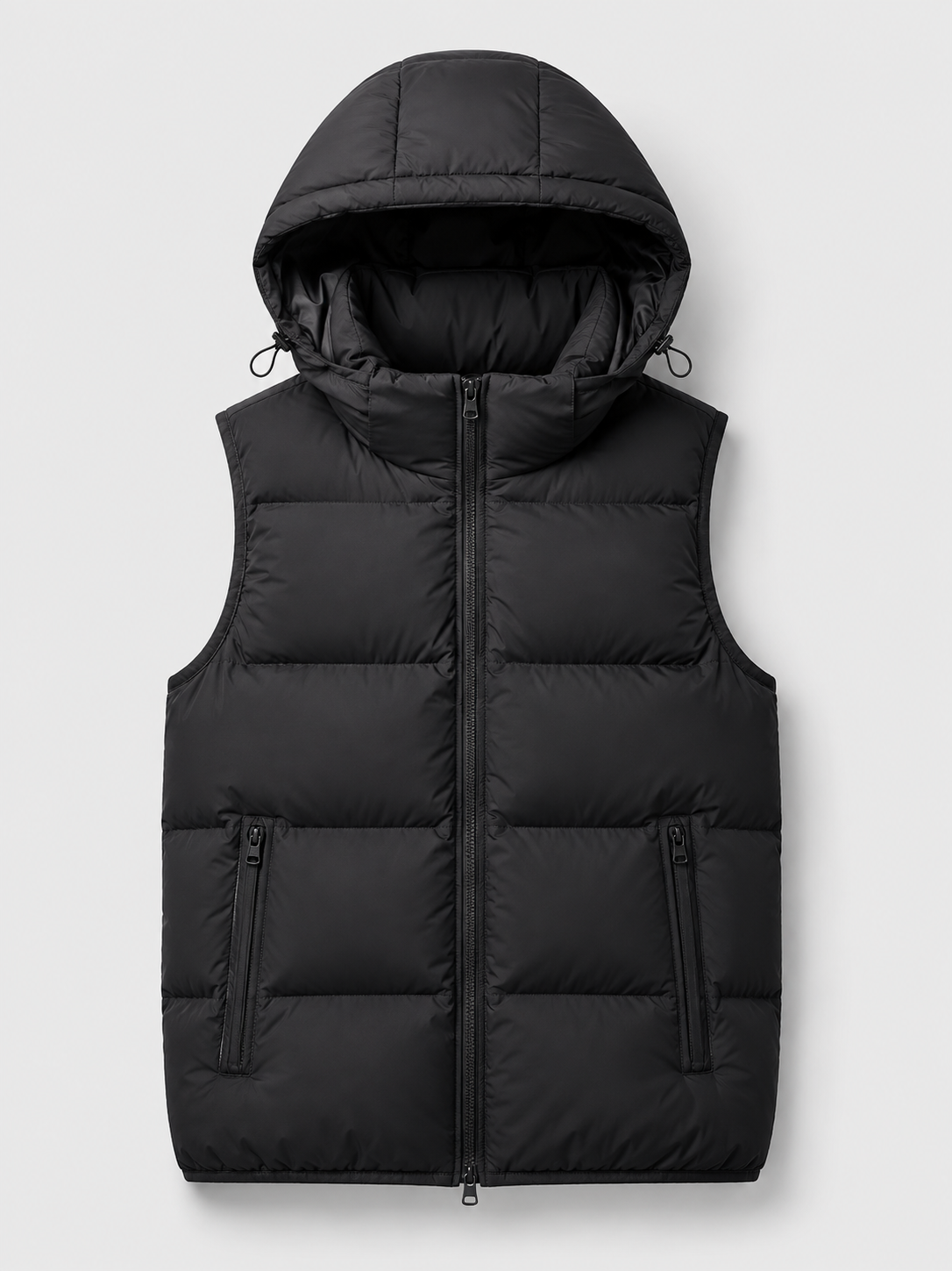Black men’s thick insulated hooded puffer vest displayed on a plain background