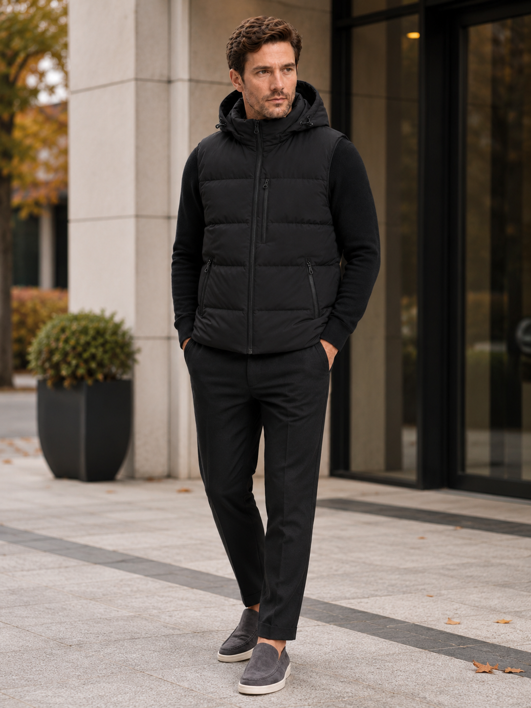 Man wearing a black hooded puffer vest in a casual fall winter outfit for outdoor and everyday wear