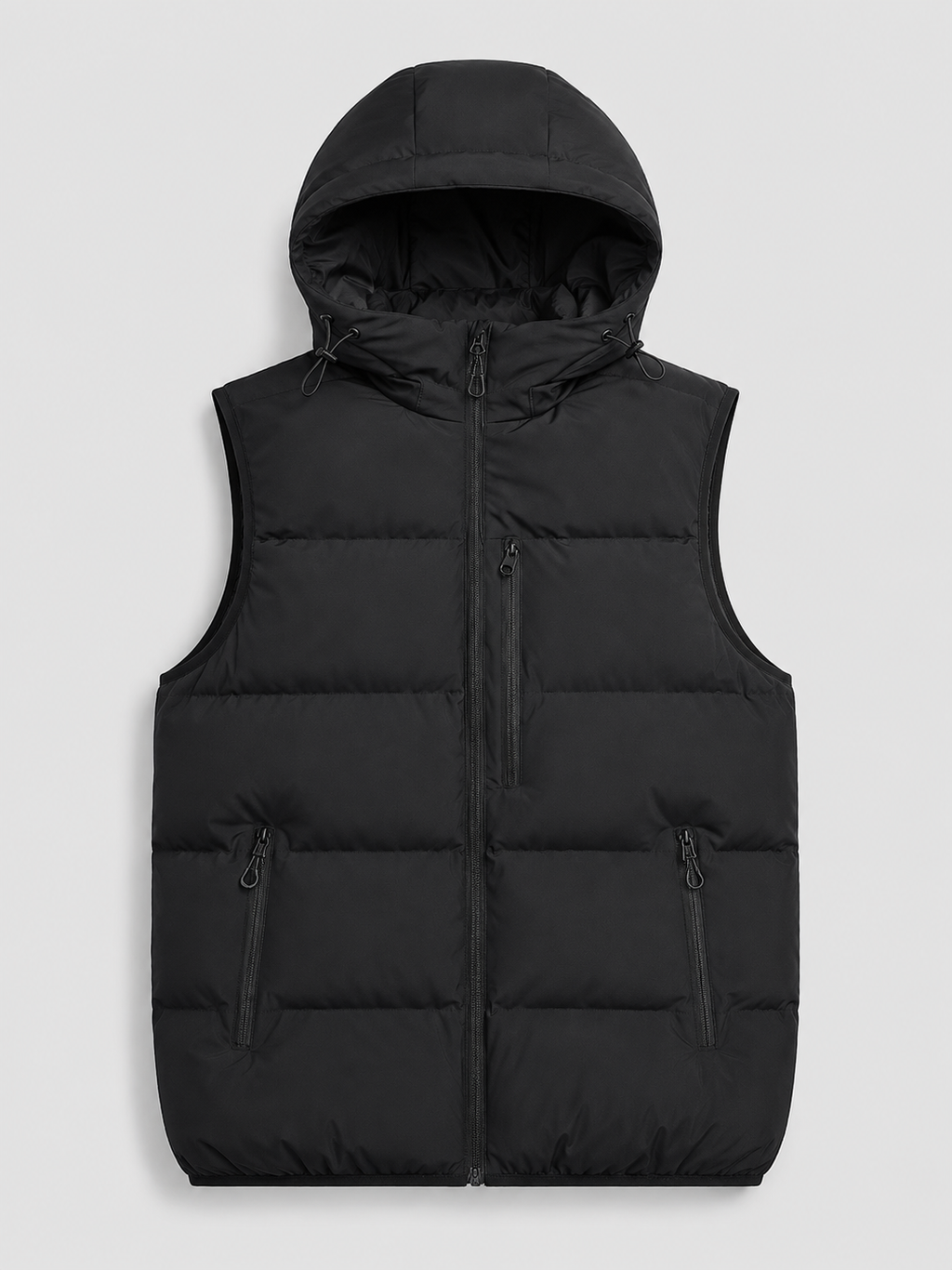 Black men’s hooded windproof puffer vest with thick padding and zip-up front displayed on a plain background