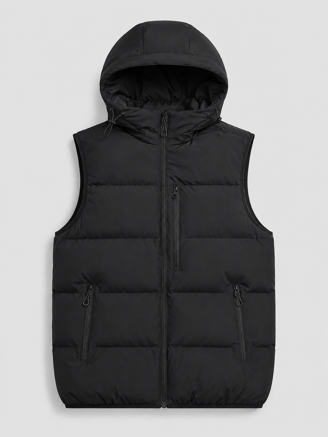 Black men’s hooded windproof puffer vest with thick padding and zip-up front displayed on a plain background