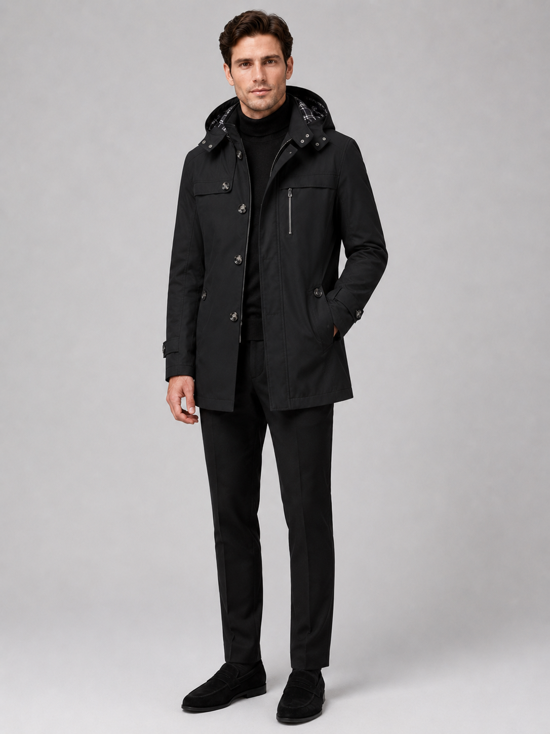 Black hooded trench coat for men long warm fall winter outerwear for everyday wear