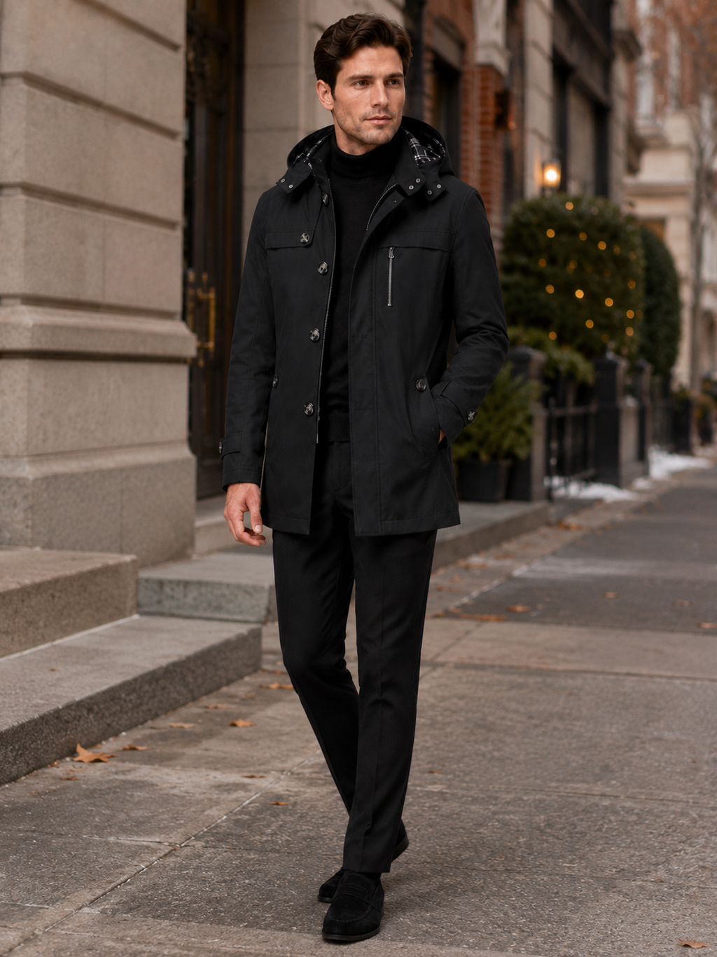 Man styling black hooded trench coat in a modern outdoor and everyday winter lifestyle outfit