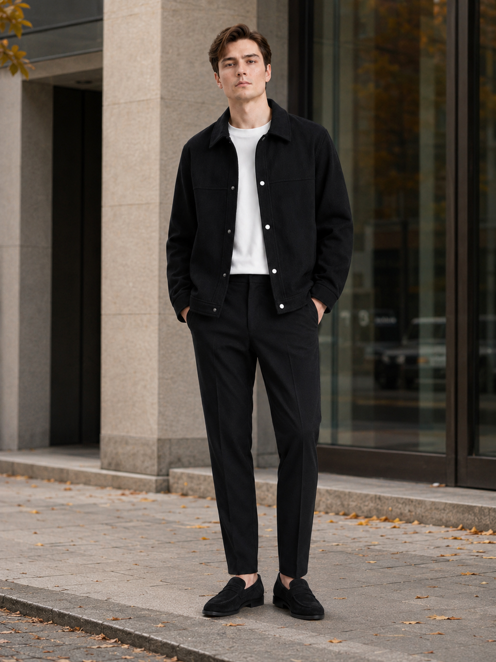 Man styling black corduroy jacket in a modern streetwear and everyday lifestyle outfit