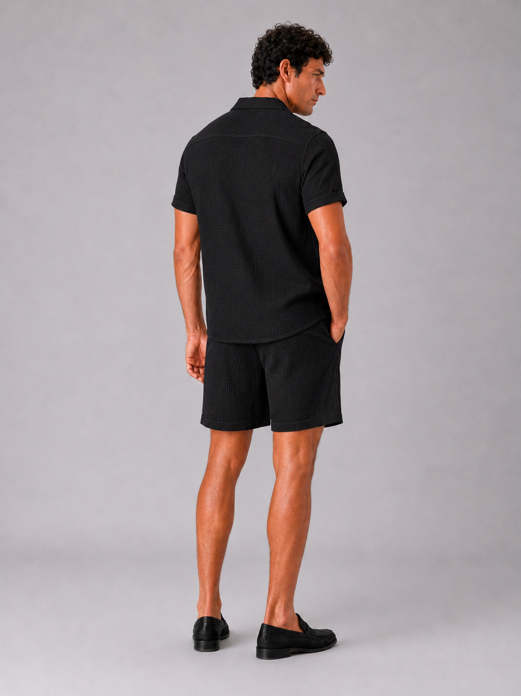 Men’s black jacquard two piece outfit breathable comfortable style for vacation and resort wear