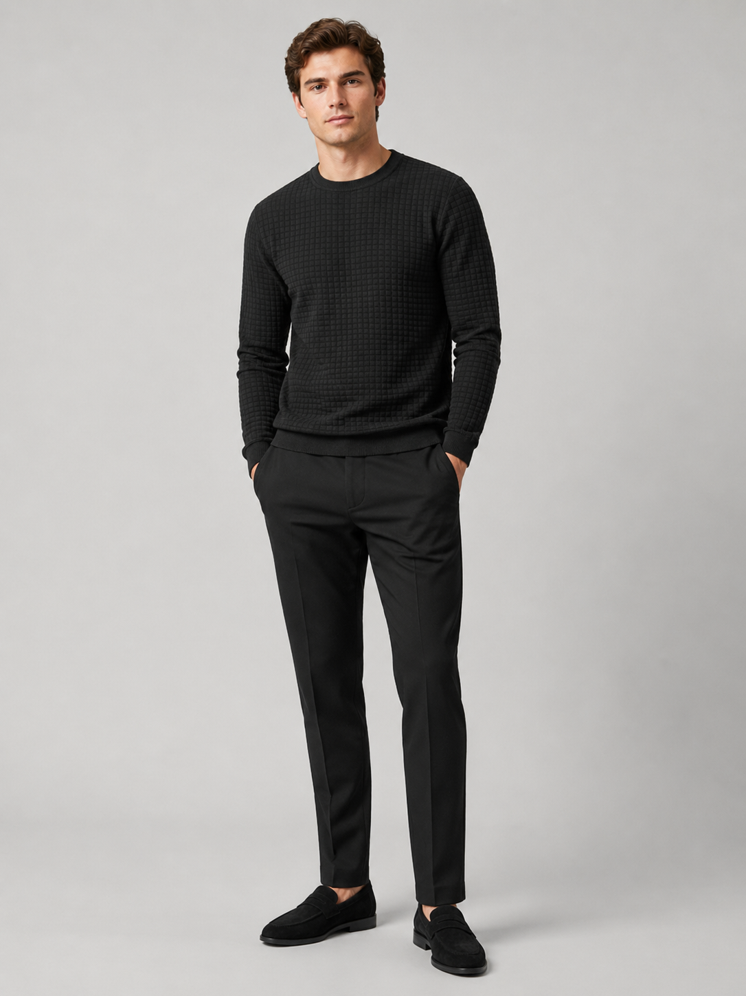 Black jacquard crew neck sweater for men warm slim fit pullover for everyday wear