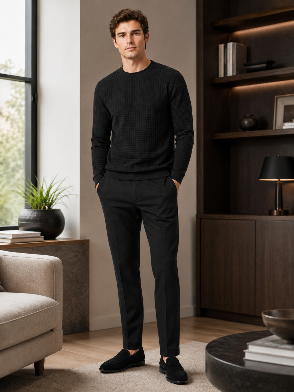 Man styling black jacquard crew neck sweater in a modern fall winter lifestyle outfit