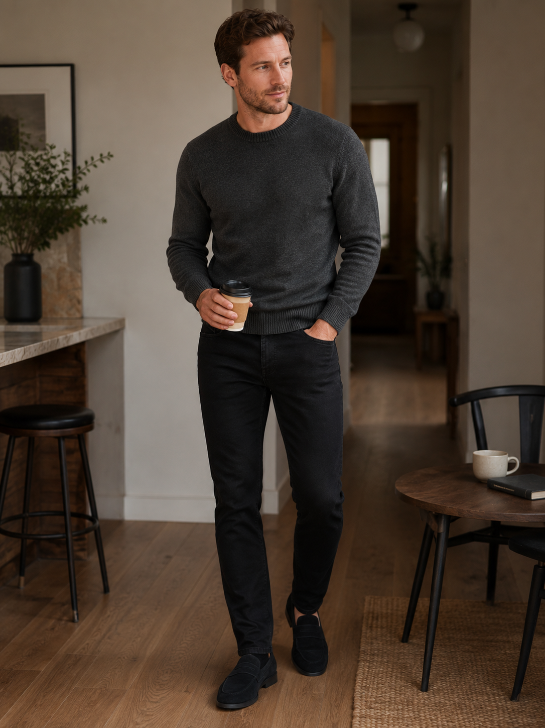 Man wearing black slim fit stretch denim jeans in a casual fall winter outfit for everyday wear