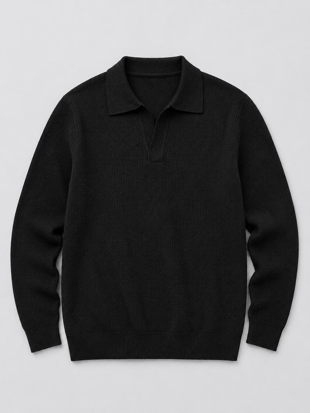Black men’s heavyweight knit Johnny collar polo sweater displayed on a plain background