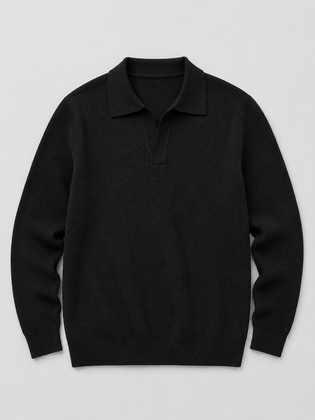 Black men’s heavyweight knit Johnny collar polo sweater displayed on a plain background