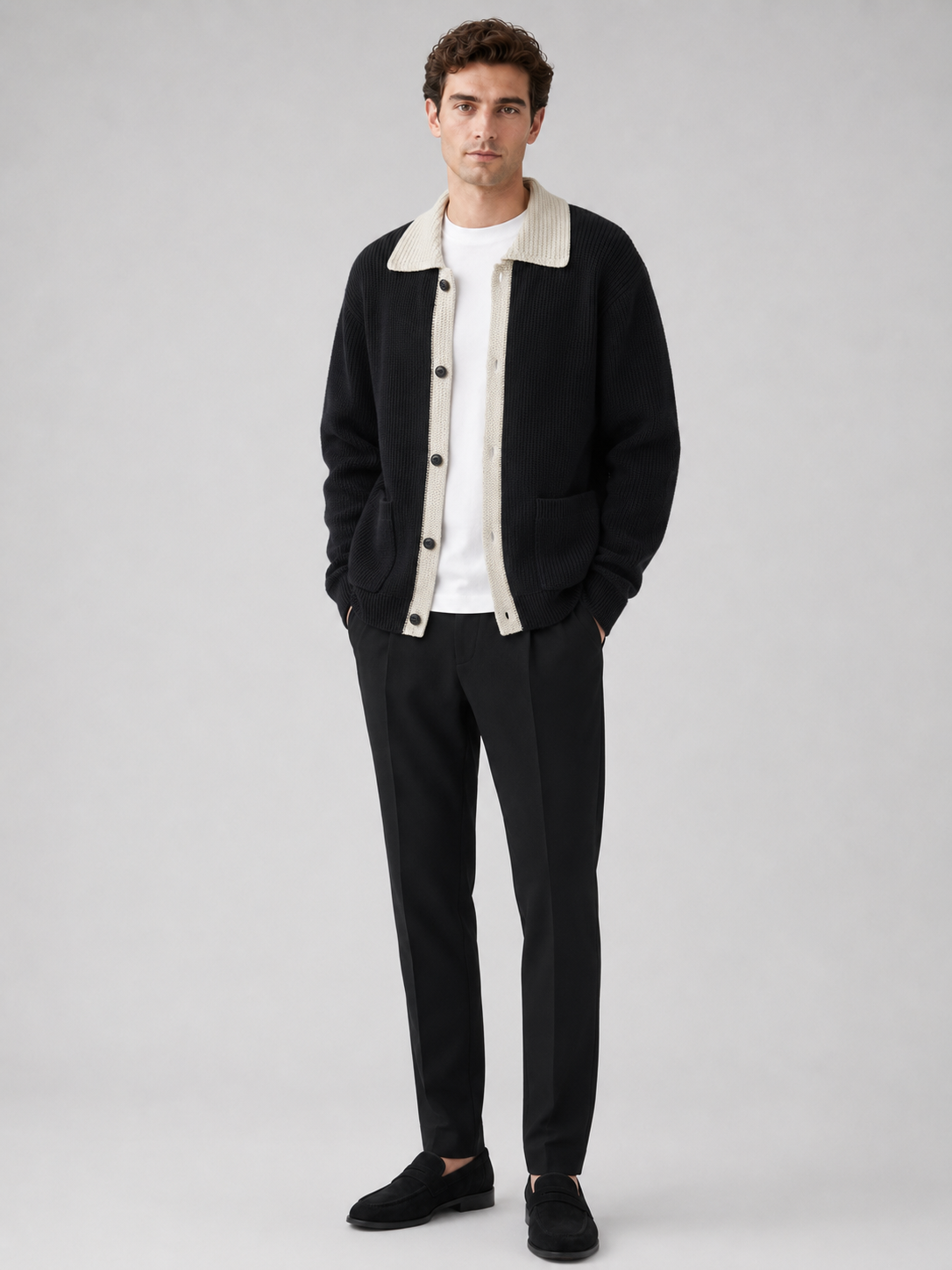 Black knit cardigan sweater for men button up fall winter layer for everyday wear