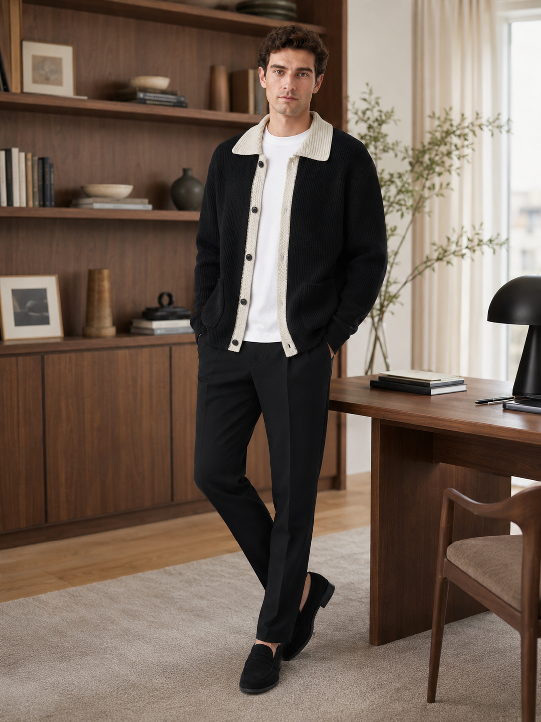 Man styling black contrast collar cardigan sweater in a modern business casual and everyday lifestyle outfit