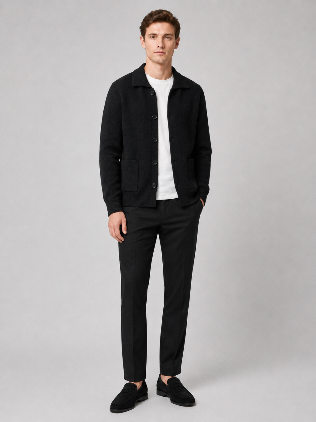 Black knit cardigan sweater for men button up spring fall layer for everyday wear