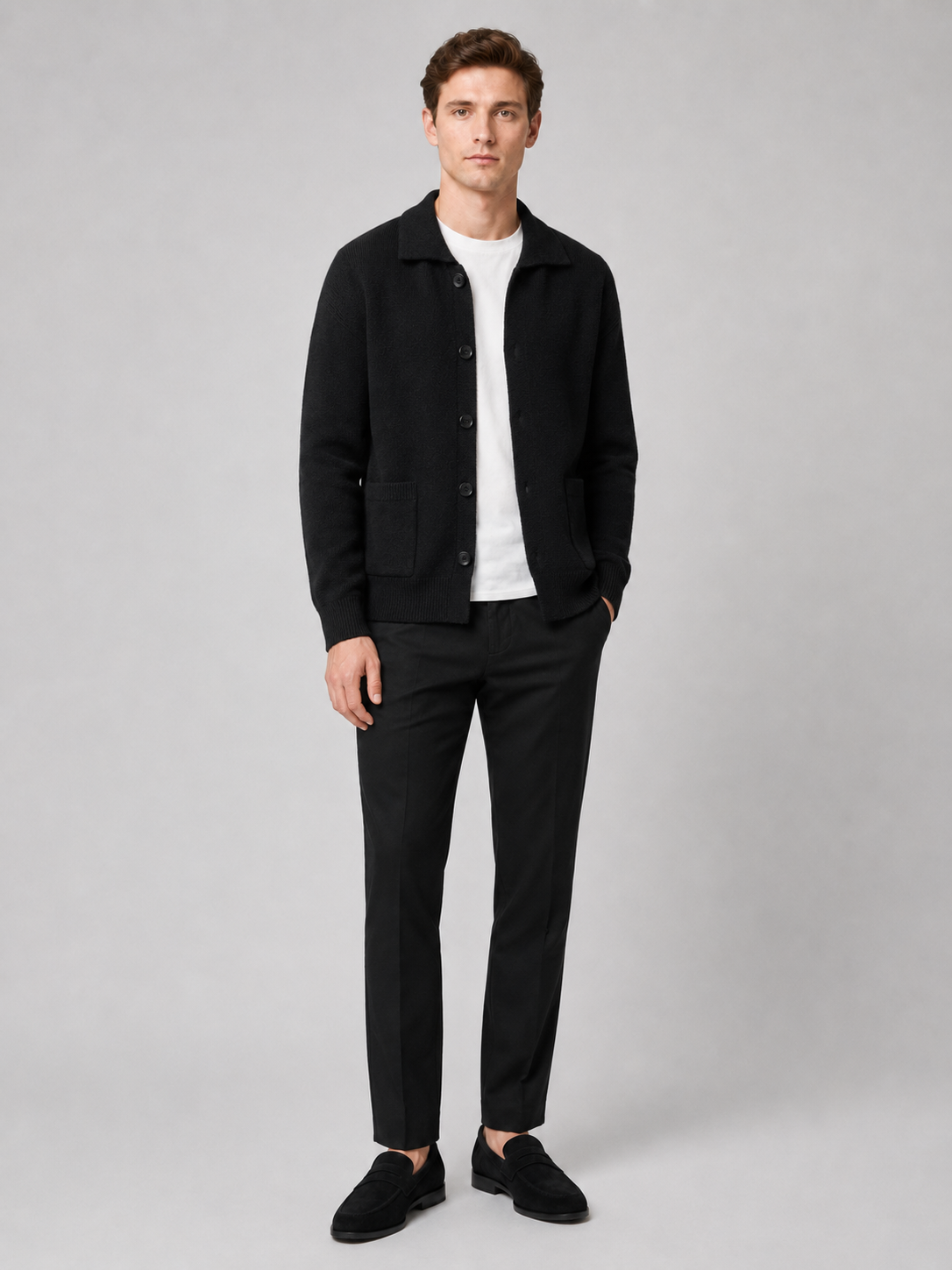 Black knit cardigan sweater for men button up spring fall layer for everyday wear