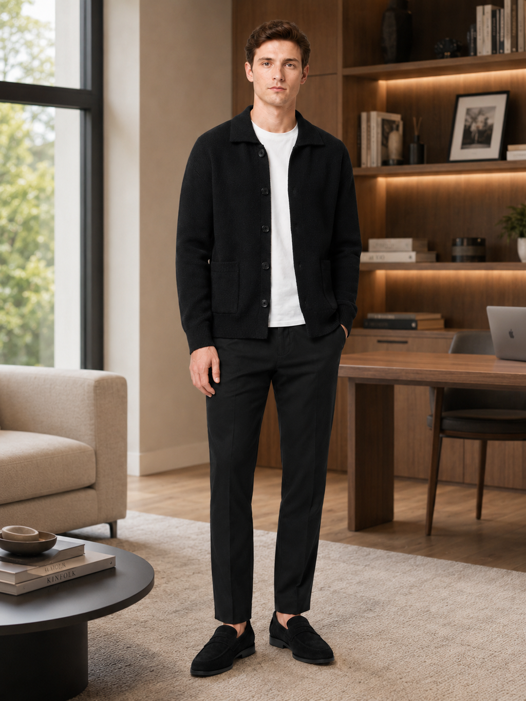 Man styling black button up cardigan sweater in a modern everyday business casual outfit