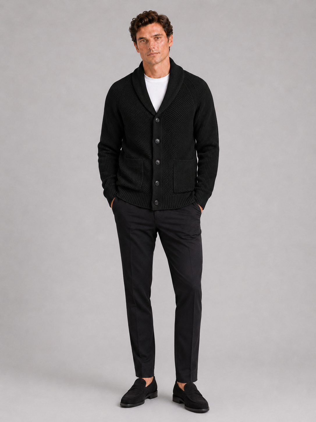 Black knit cardigan sweater for men long sleeve layer for everyday fall winter wear