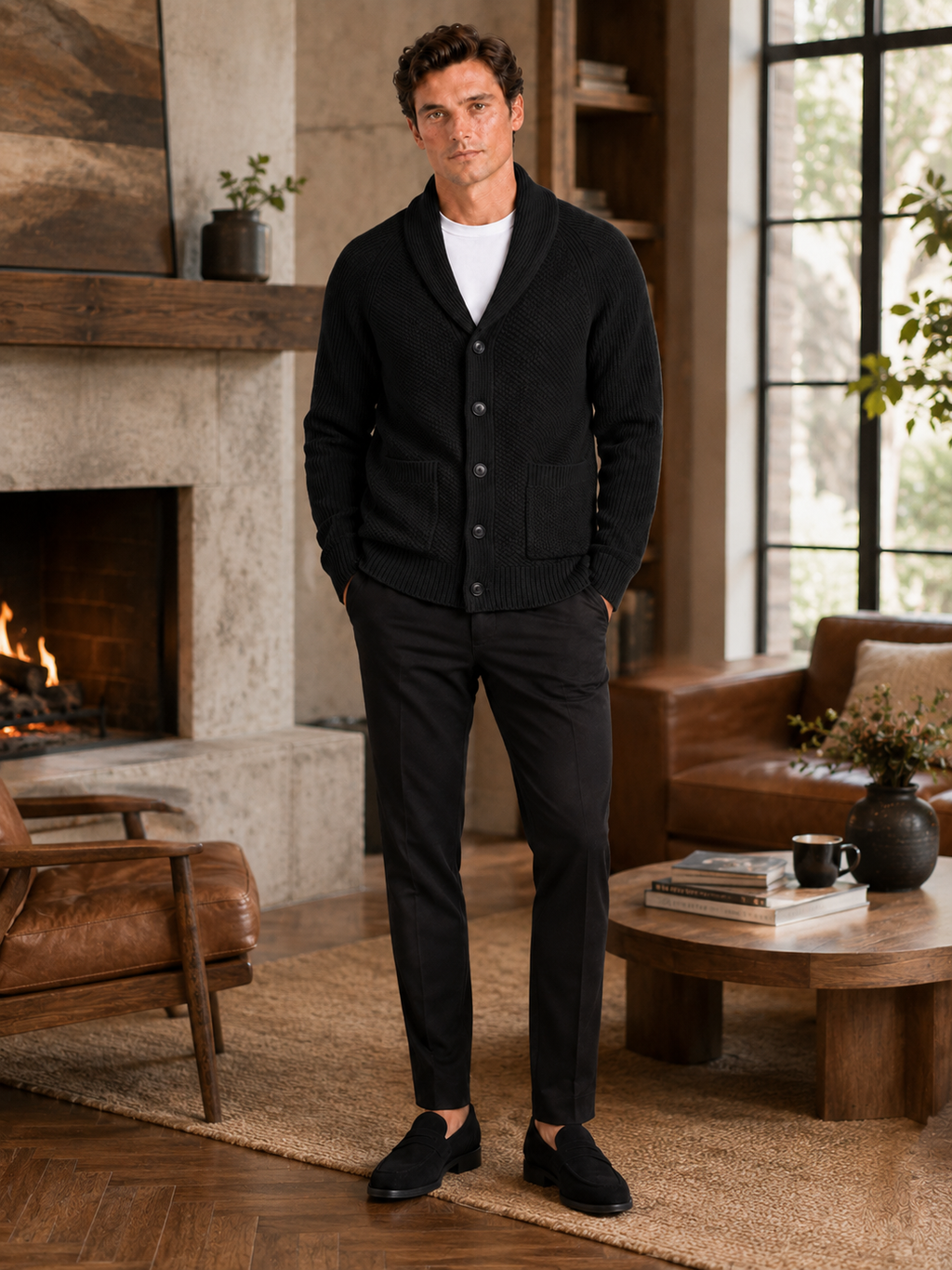 Man styling black knit cardigan sweater in a modern fall winter lifestyle outfit