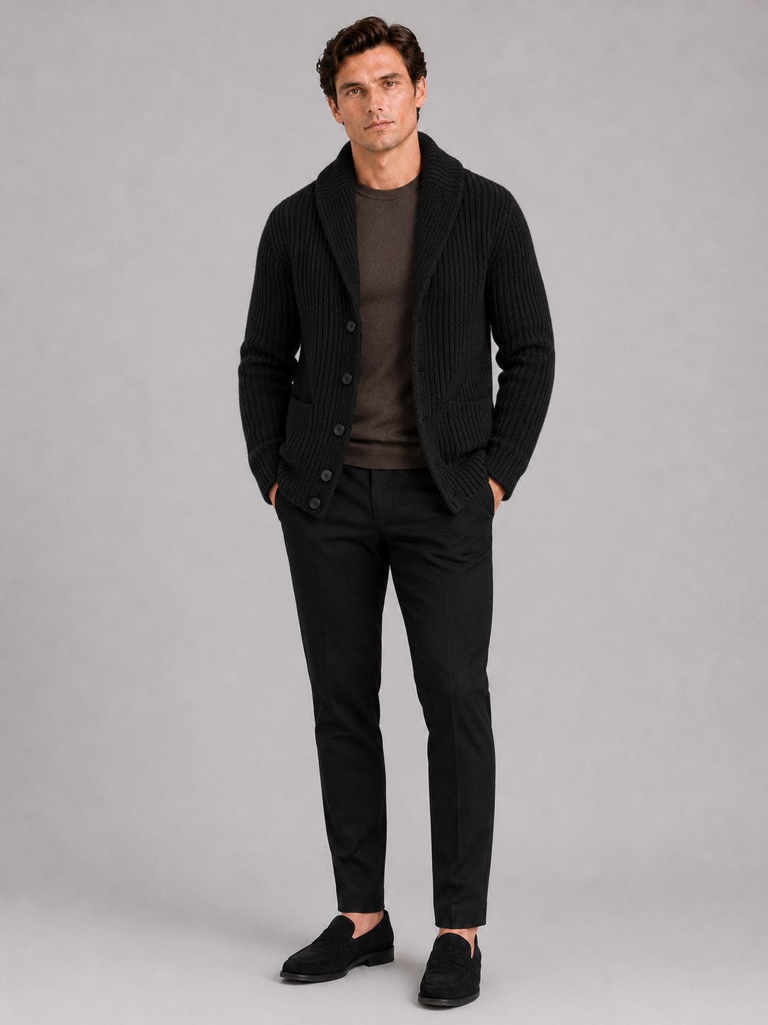 Black slim fit cardigan sweater for men warm button up layer for business casual wear