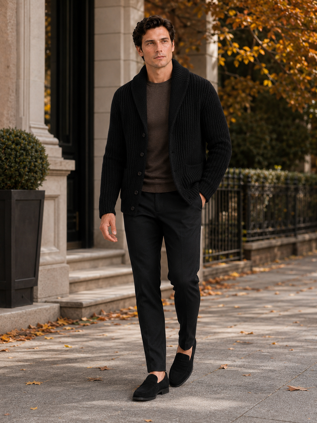 Man styling black lapel cardigan sweater in a modern business casual lifestyle outfit