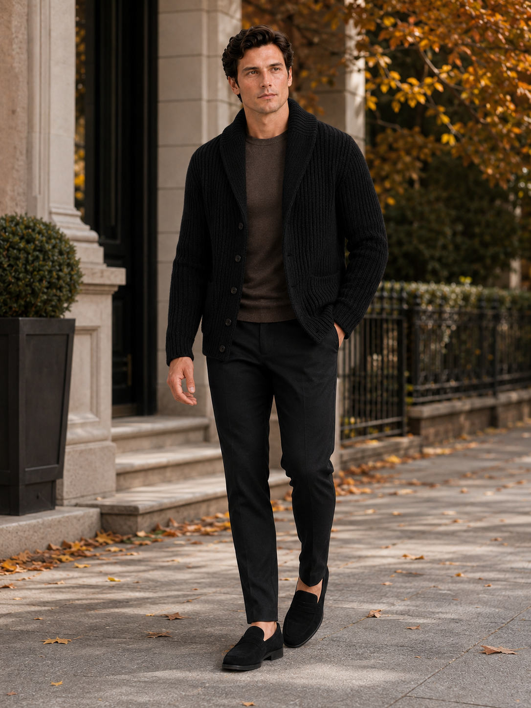 Man styling black lapel cardigan sweater in a modern business casual lifestyle outfit