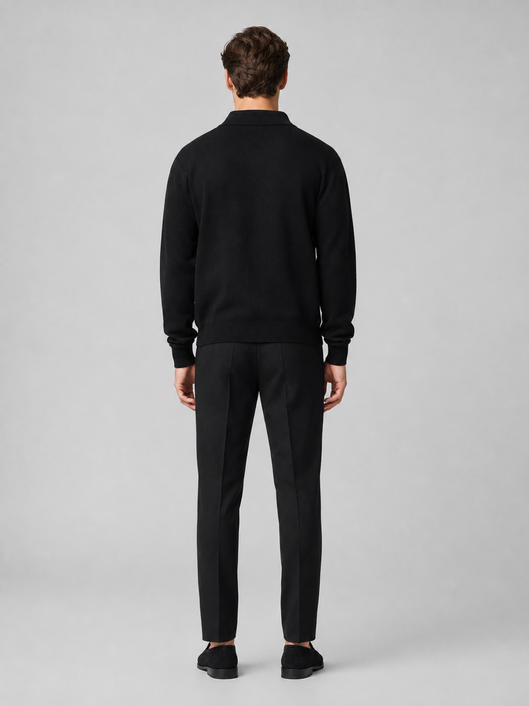 Men’s black v neck polo sweater comfortable knit top for business casual and casual outfits