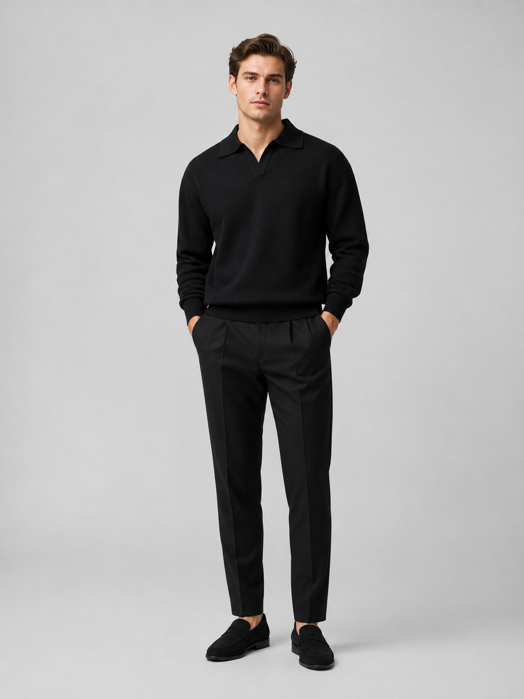Black long sleeve knit polo shirt for men lightweight fall sweater for everyday wear