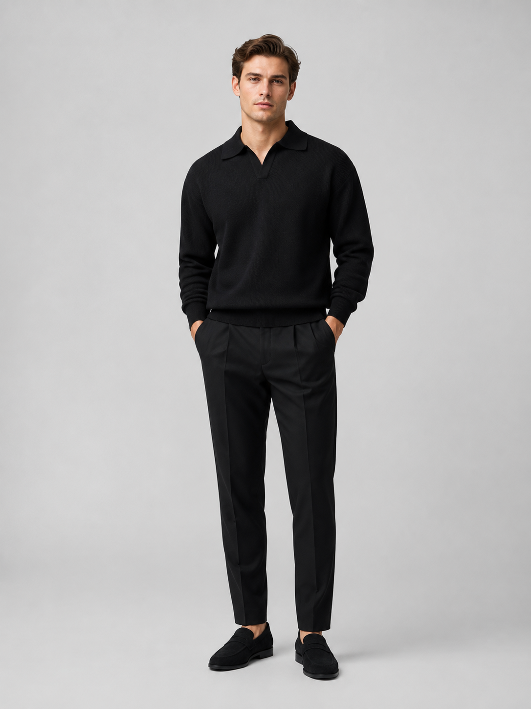 Black long sleeve knit polo shirt for men lightweight fall sweater for everyday wear