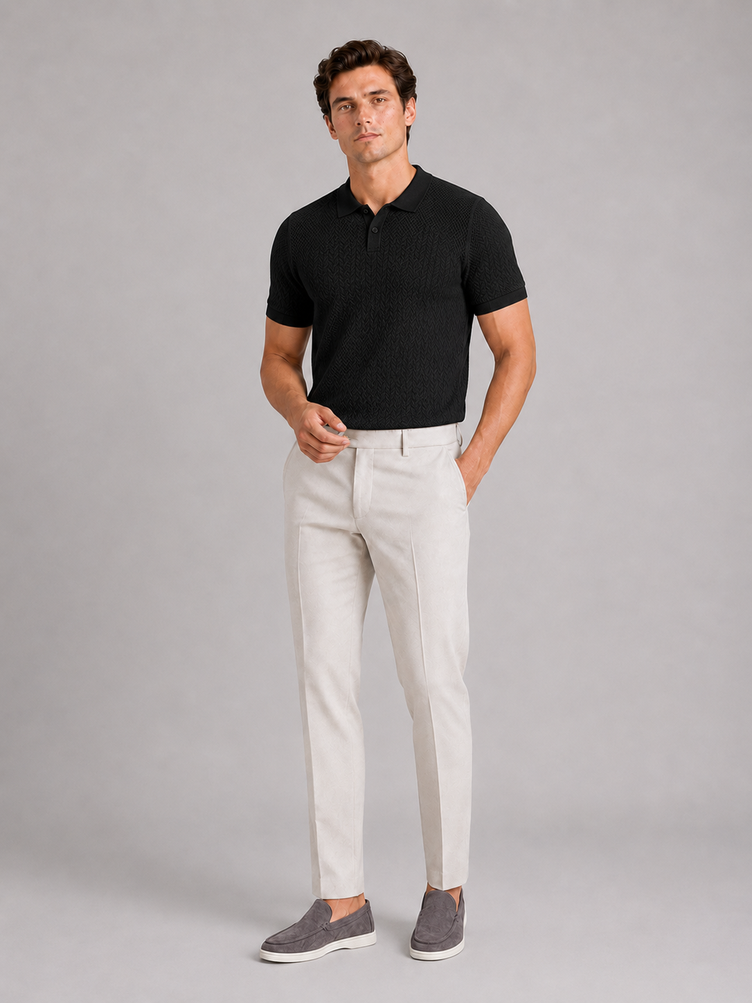 Black knit polo shirt for men lightweight summer top for vacation and everyday wear