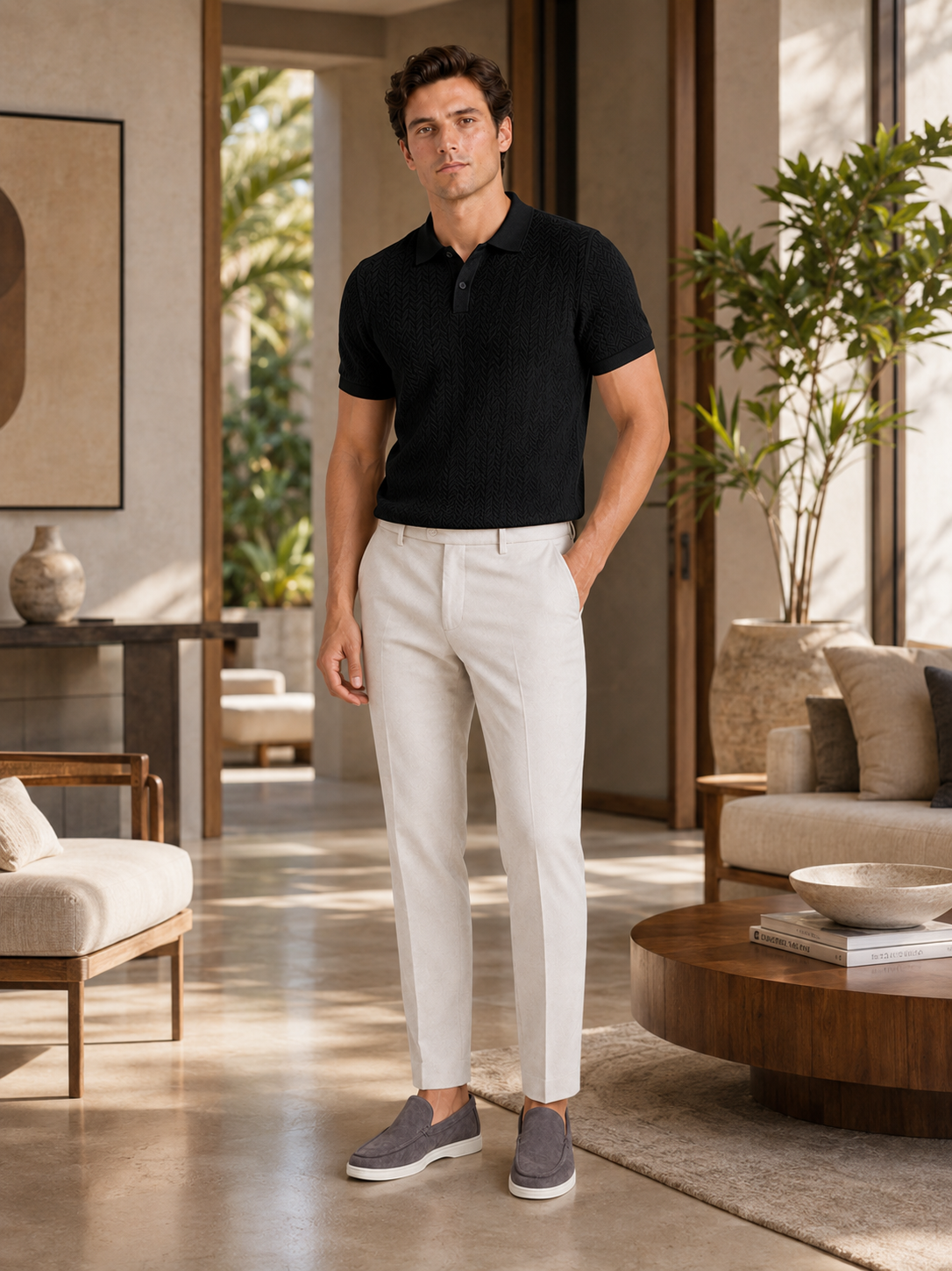 Man styling black knit polo shirt in a modern summer vacation lifestyle outfit