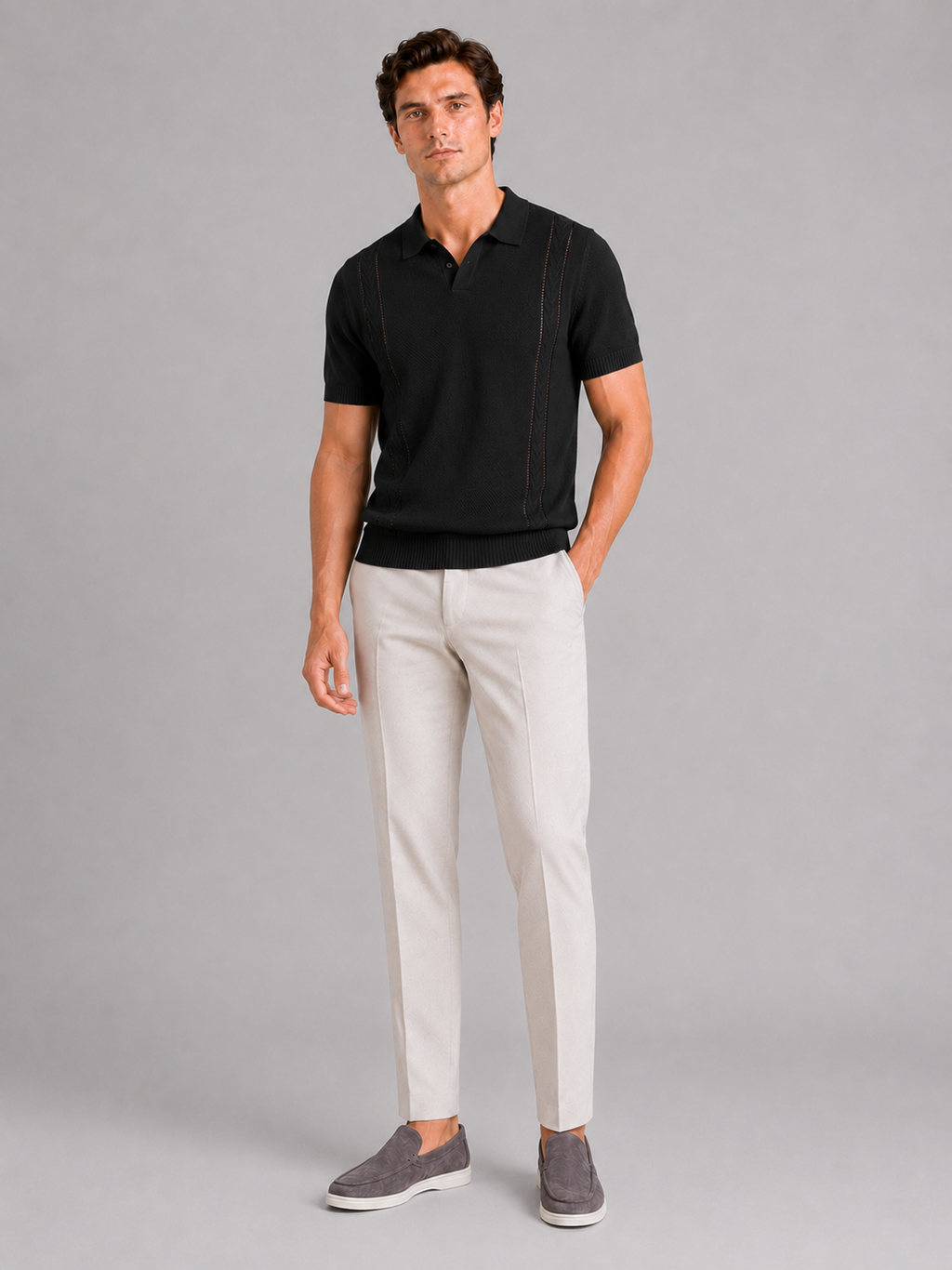 Black knit polo shirt for men lightweight short sleeve summer top for casual wear