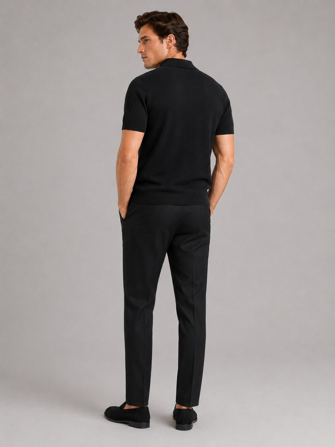 Men’s black solid color knit polo shirt comfortable summer top for business casual outfits