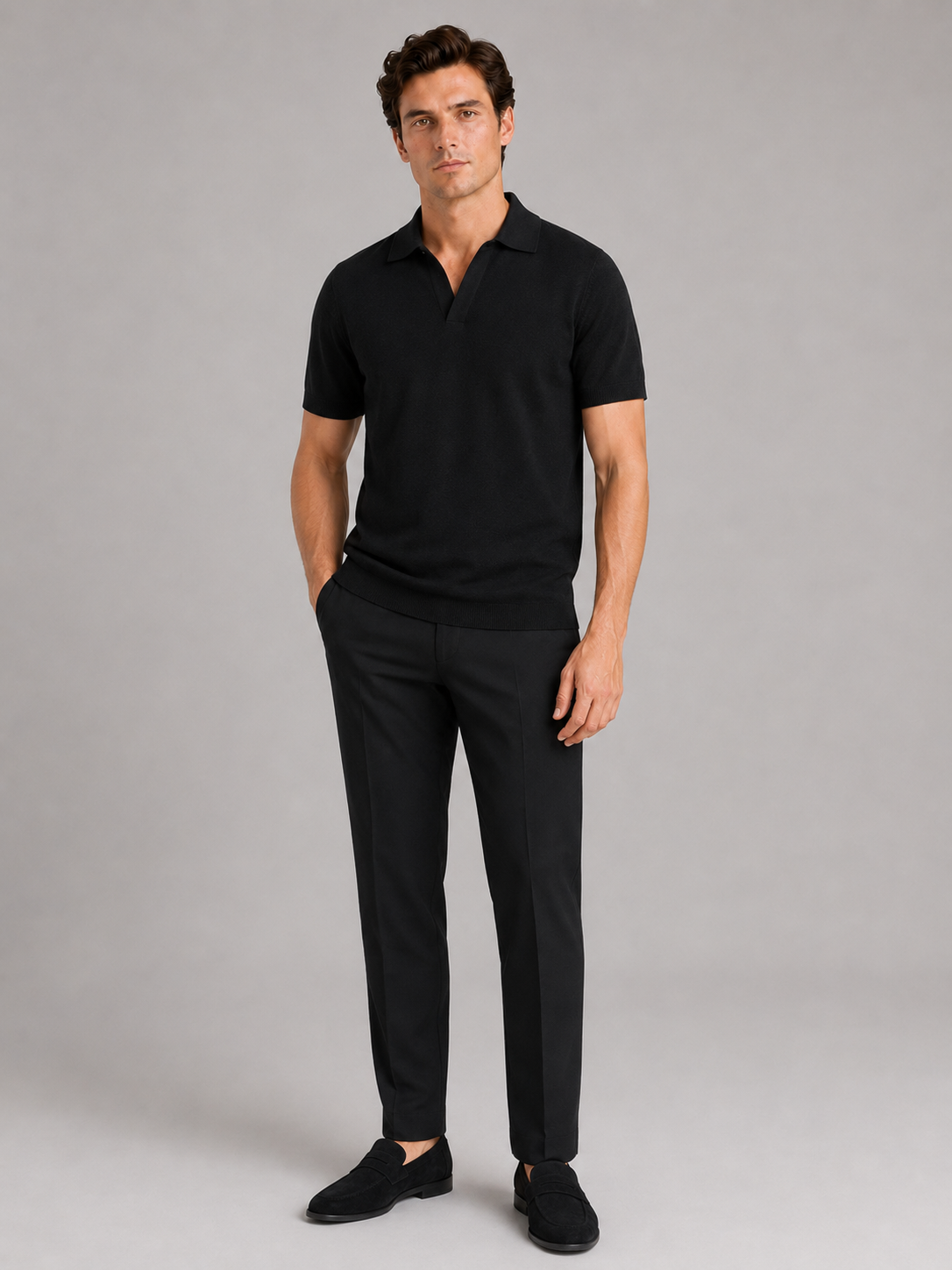 Black knit polo t shirt for men lightweight short sleeve top for vacation and everyday wear
