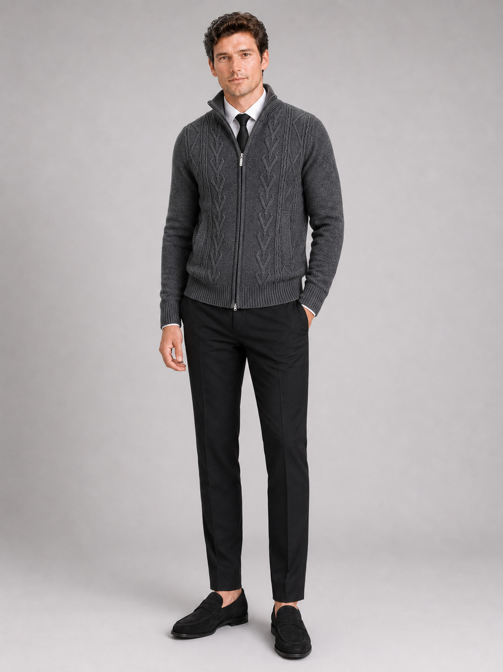 Black stand collar zip sweater for men warm knit layer for everyday winter wear