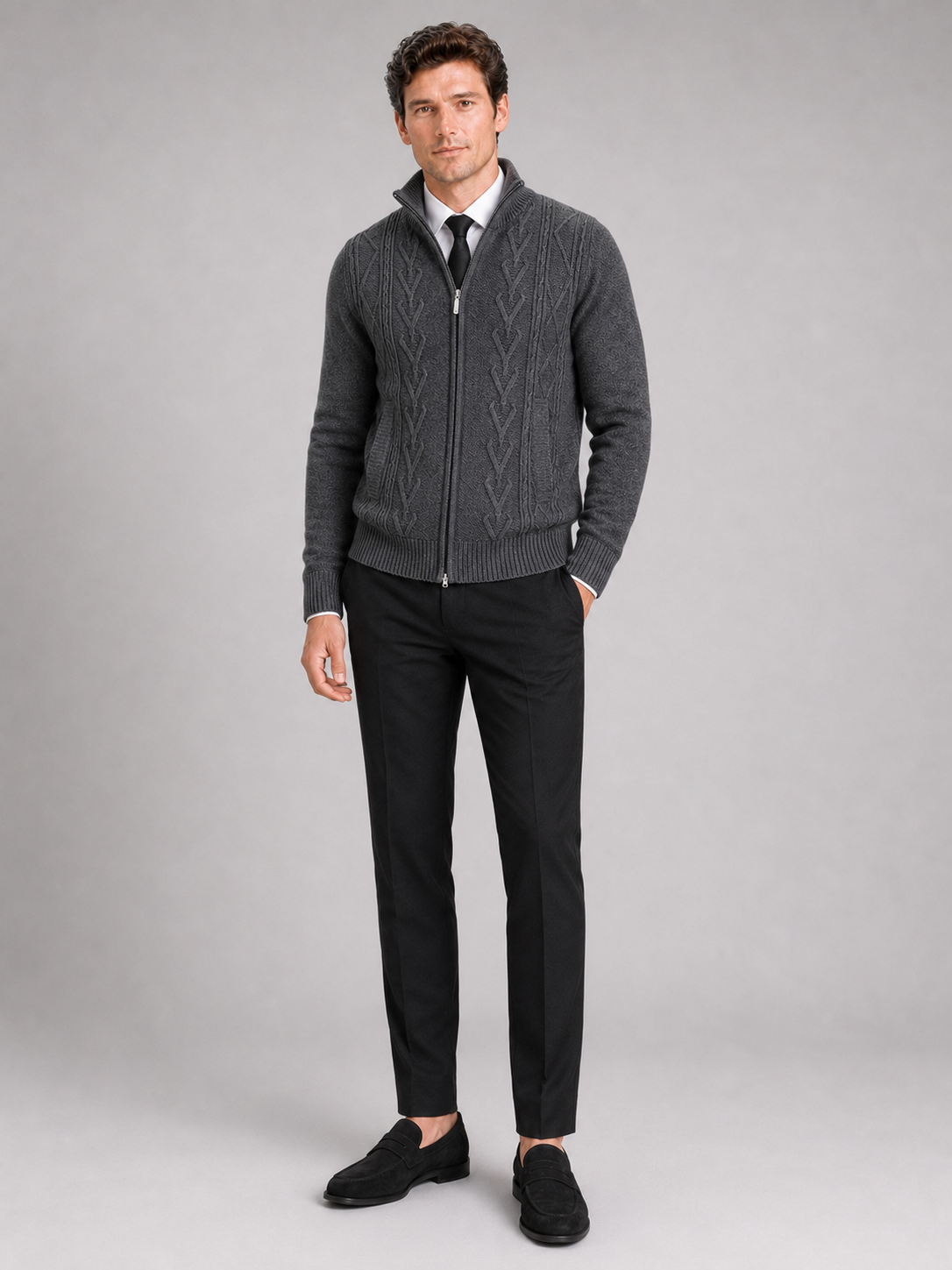 Black stand collar zip sweater for men warm knit layer for everyday winter wear