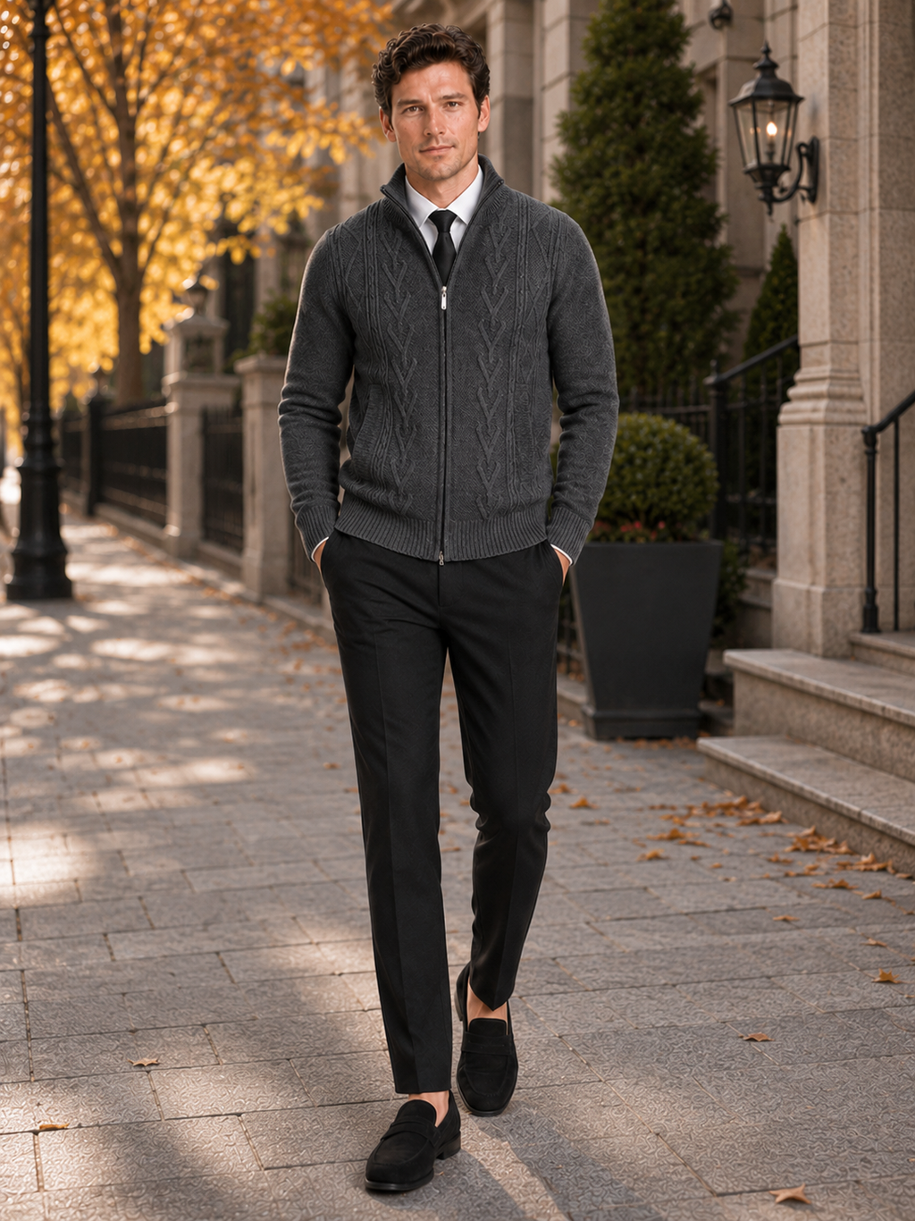 Man styling black full zip knit sweater in a modern fall winter everyday outfit