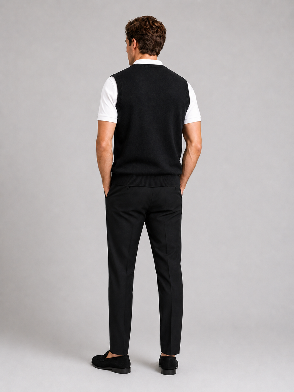 Men’s black v neck sweater vest comfortable knit layer for business casual outfits