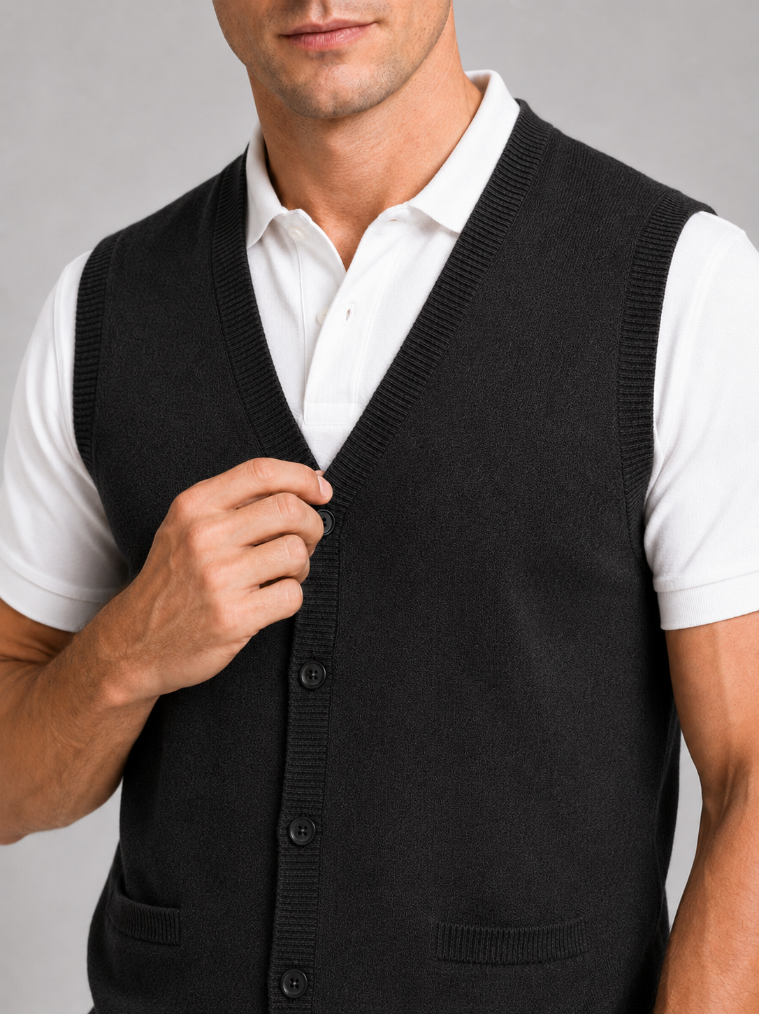Close up of black button up sweater vest showing soft knit texture and classic v neck detail