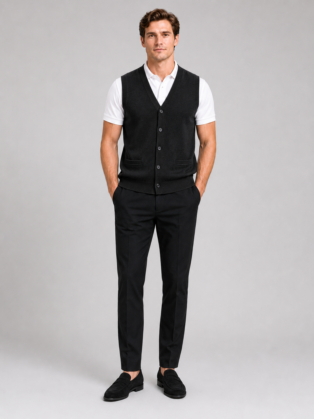 Black knit sweater vest for men button up fall winter layer for office and everyday wear
