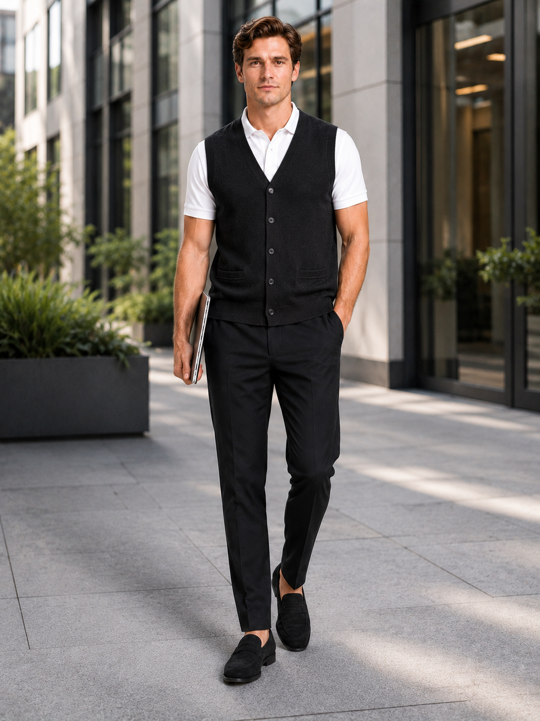 Man styling black button up sweater vest in a modern business casual office outfit