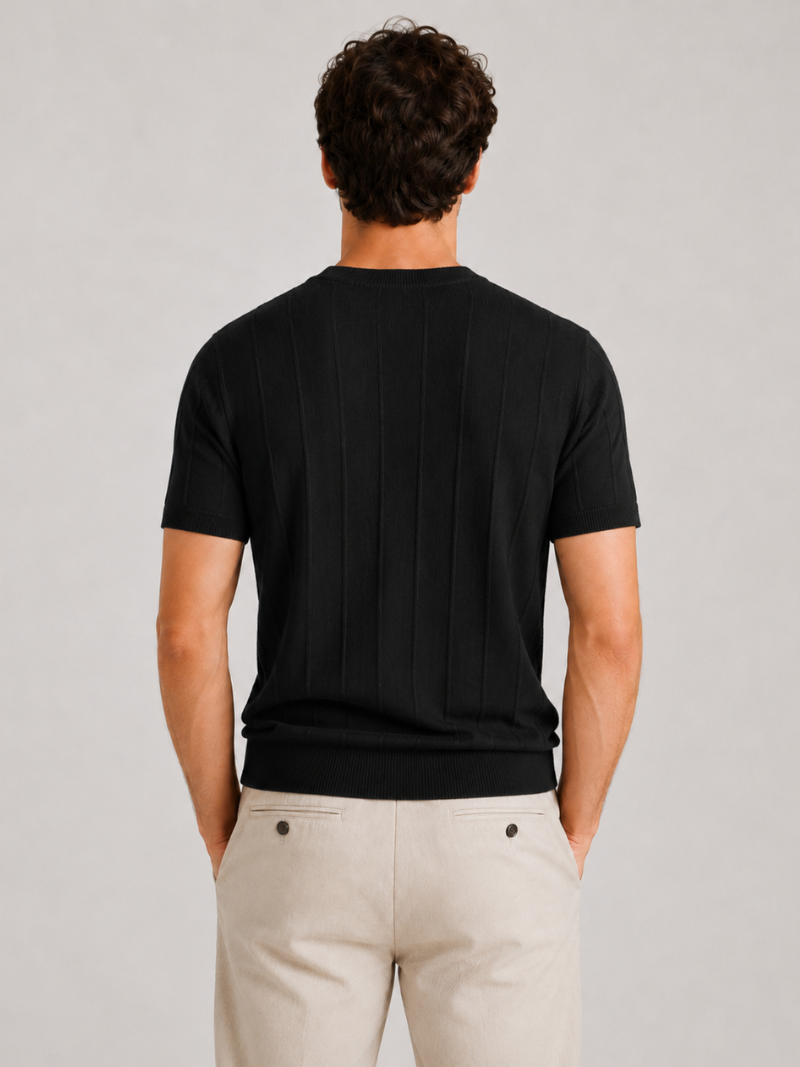 Black knitted short sleeve shirt for men soft breathable fabric refined casual outfit