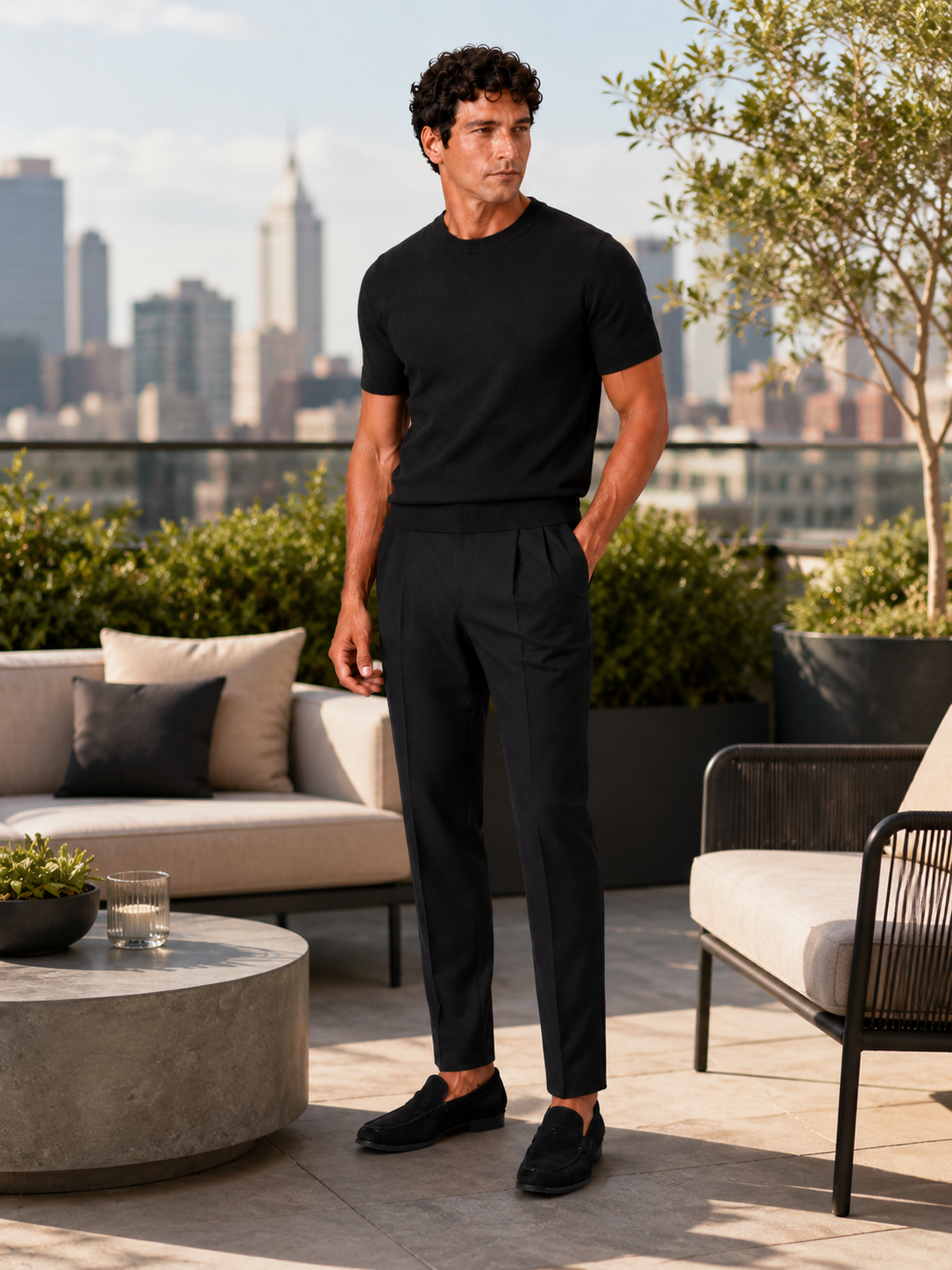 Man styling black knit t shirt in a minimal summer lounge lifestyle outfit