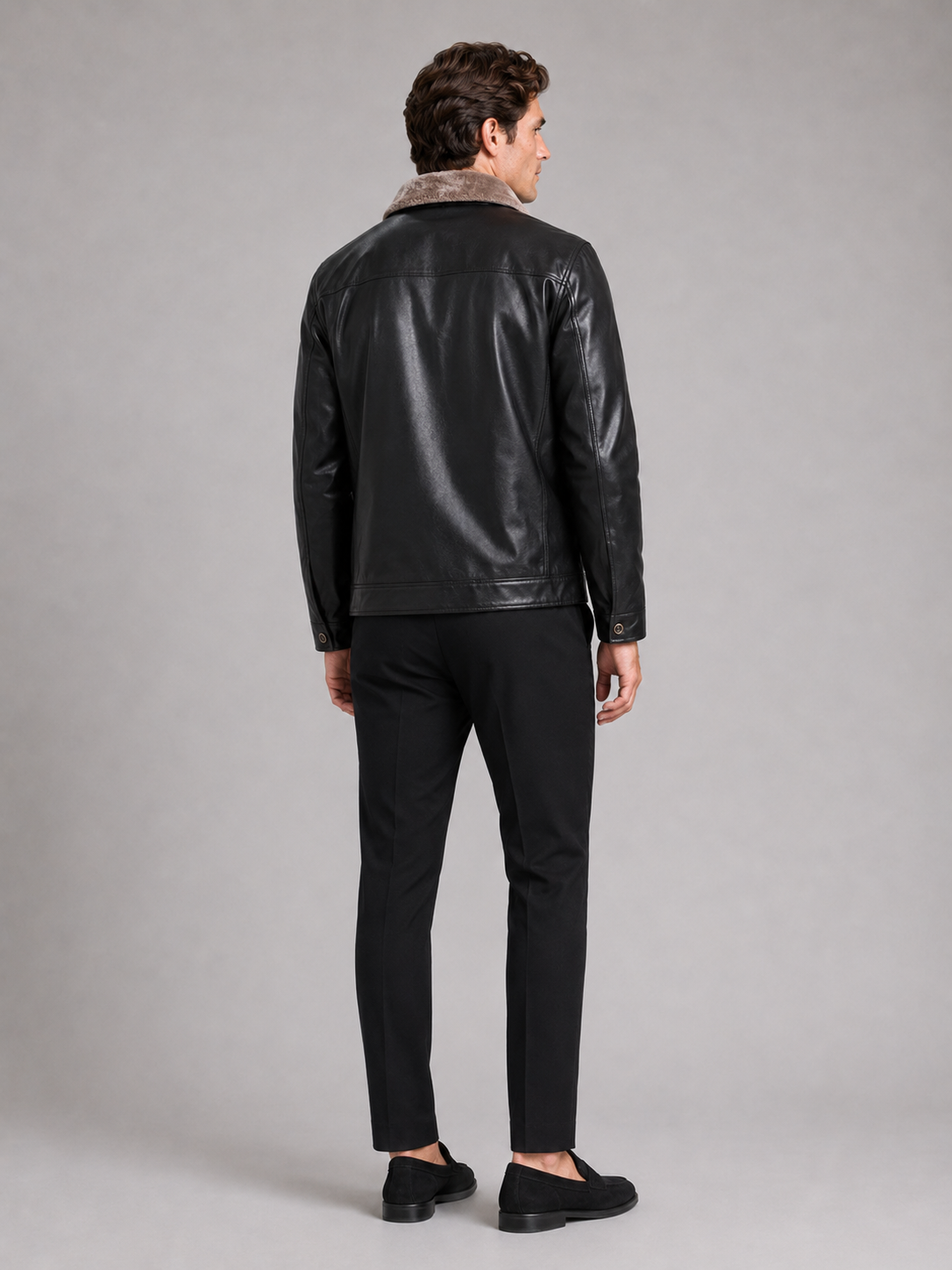 Men’s black fleece lined leather jacket comfortable winter layer for modern streetwear outfits