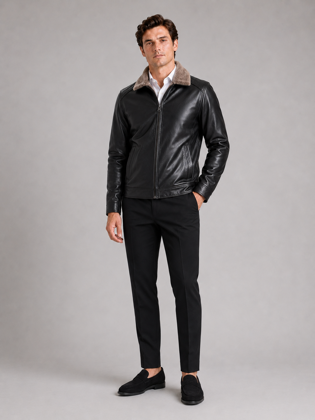 Black leather biker jacket for men warm fall winter outerwear for everyday wear