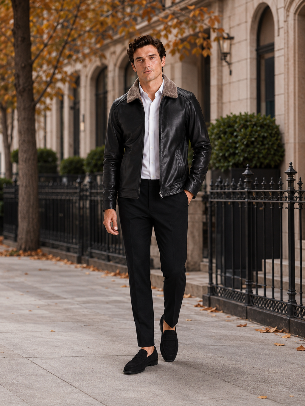 Man styling black leather biker jacket in a sleek streetwear and everyday winter outfit