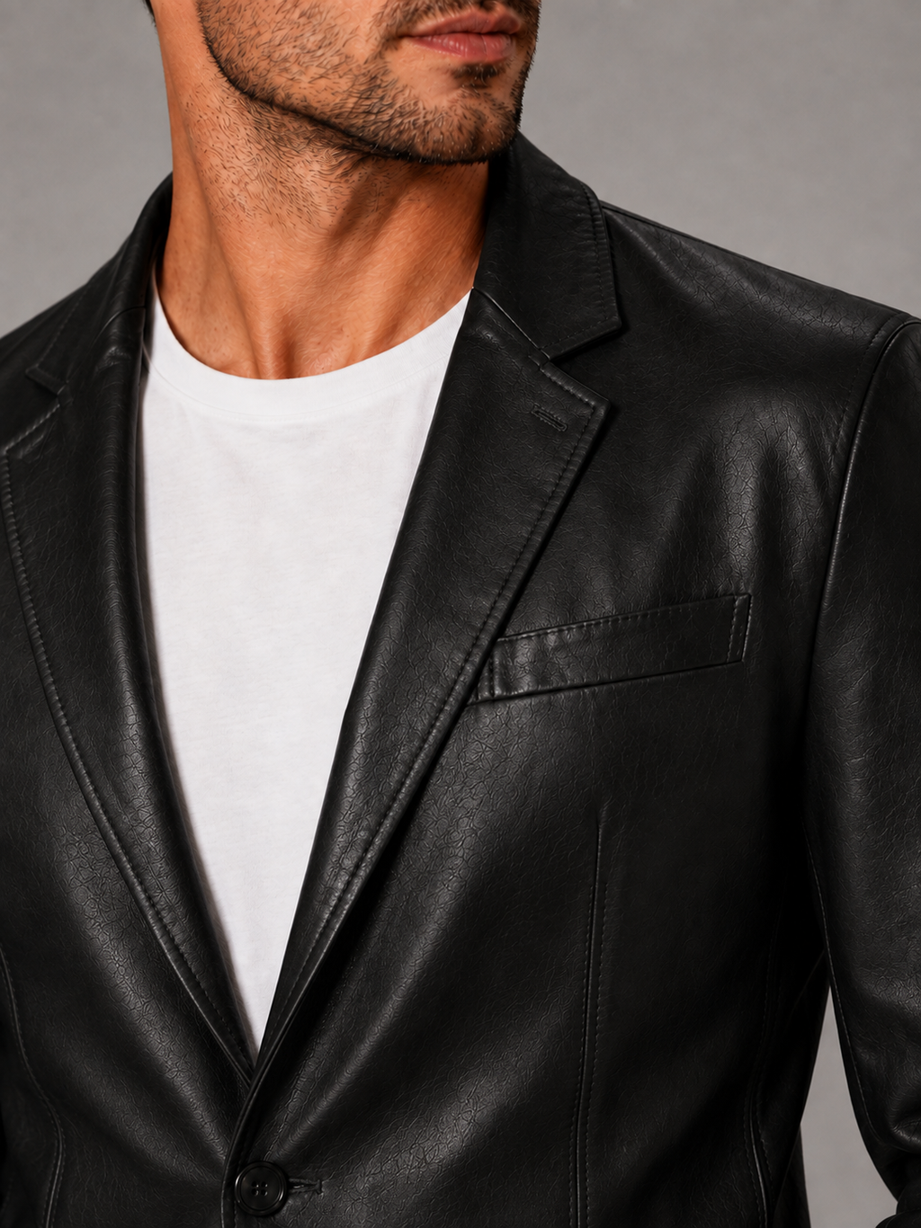 Close-up of a black leather blazer jacket showing the premium leather texture, notched lapel, button closure, tailored stitching, cuffs, and pocket details