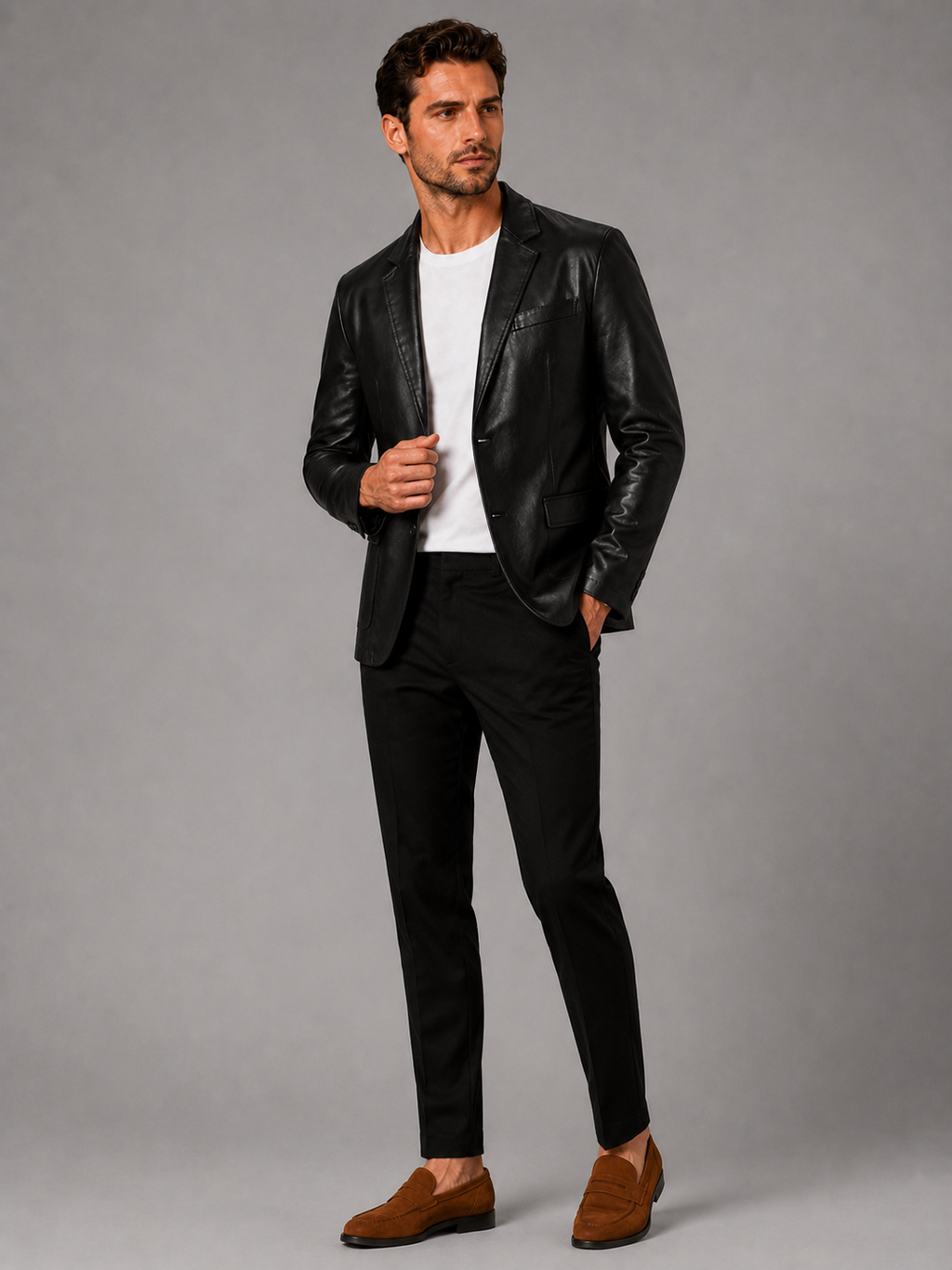 Man wearing a black slim fit leather blazer jacket in a modern business casual office and evening outfit
