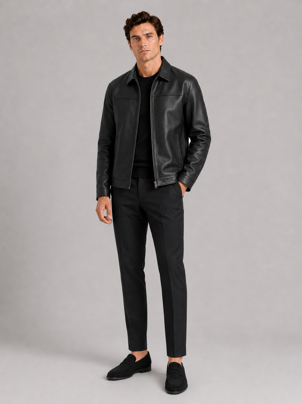 Black leather flight jacket for men loose fit outerwear for everyday casual wear